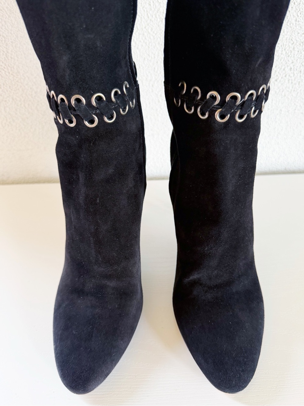 Prada Black Suede Whipstitch Eyelet Knee High Heeled Boots EU 39 - Picture 6 of 11